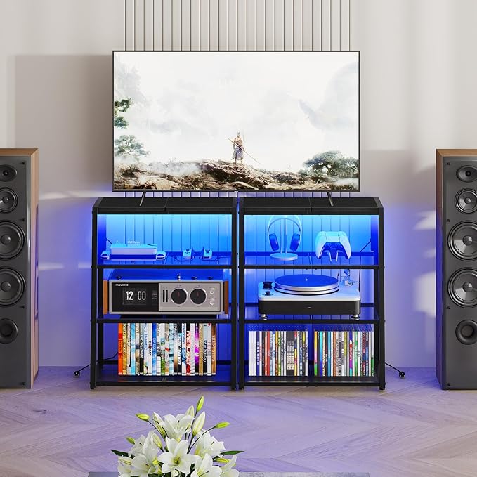 HOOBRO 4-Tier AV Media Stand with Charging Station and LED Light, Wooden Stereo Cabinet, Corner TV Stand, Rack Audio Tower, Corner Entertainment Center, Black BB107UDCJ01