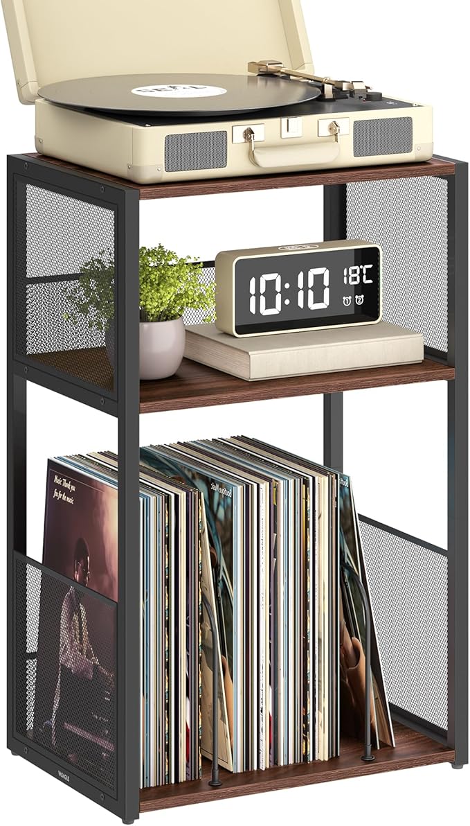 VASAGLE Record Player Stand, 3-Tier Side Table, Vinyl Record Storage up to 100 Albums, End Table for Living Room, Bedroom, Natural Walnut ULET275K02