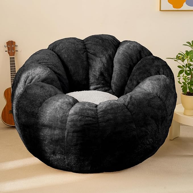 Pumpkin Bean Bag Sofa Chair for Adult, Beanbag Couch with Filler for Reading and Relaxation, Comfy and Lazy Sofa for Dorm, Apartment, Living Room and Bedroom, Black