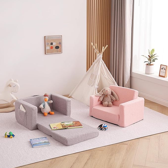 Tiita Kids Sofa, 2-in-1 Todder Couch, Convertible Children Couch to Lounger, Flip Out Kids Sofa Chair, Toddler Armrest Chair Bed, Folding Kids Play Sofa for Girl or Boy (Grey)