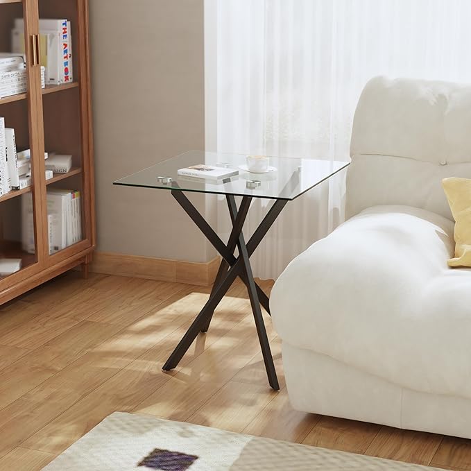 Small Side Coffee Table Set of 2 with Metal Legs, Tempered Glass Square Modern End Table for Living Room Sofa Home Office (2 Pieces, Black, 20"×20"×22")