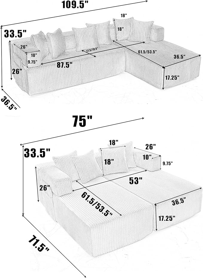 Eafurn DIY Combination Compression Modular Sectional Sofa with Double Chaise Lounge, 146" Oversized U Shaped Boneless Couch with Deep Seat Convertible Sleeper Sofabed w/Throw Pillows