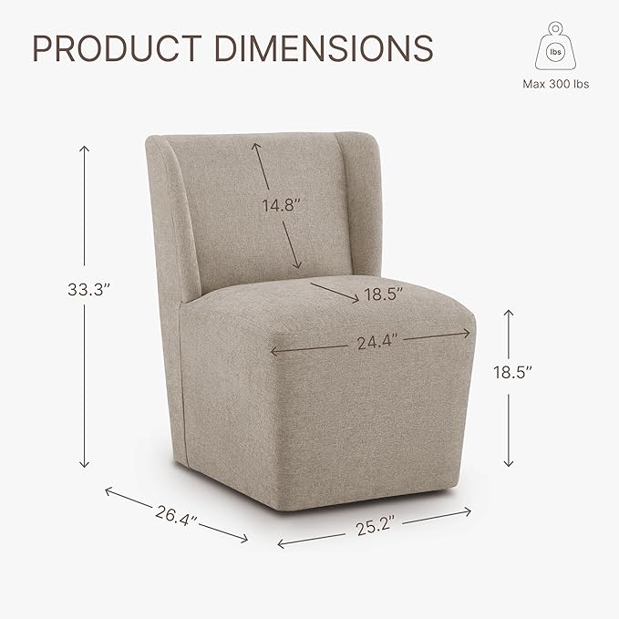 Upholstered Dining Chair with Casters Wingback Modern Side Armless Deskchair with Rollers for Diningroom Bedroom Livingroom Reading Room,Khaki,2 Box