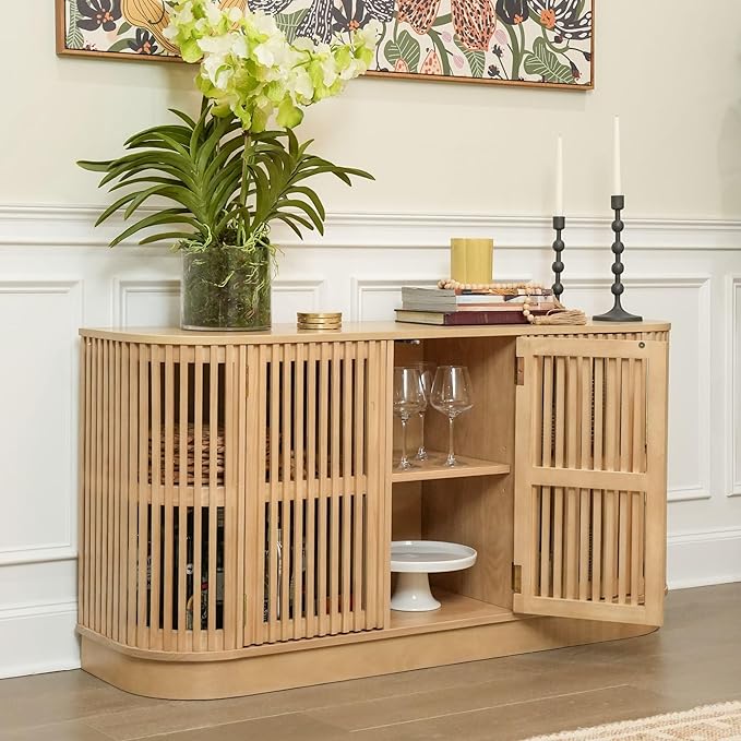 Plank+Beam Contour Wood TV Stand, Three Door Solid Wood Entertainment Console with Storage, 59" L x 16" W x 30" H, Blonde