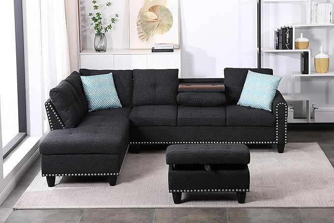 Ball & Cast 98" L Shaped Sectional Couch for Living Room with Chaise & Storage Ottoman,4 Seat Linen Upholstered Modular Sectional Sofa Set 3 PCS W/Cup Holders & Coffee Table,for Home,Office,Charcoal