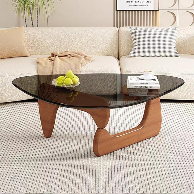 Mid Century Modern Glass Coffee Table, Small Coffee Table for Living Room, Elegant and Functional Coffee Tables Suitable for Bedroom Living Room Reception Office Tables（Walnut/Grey，Small）