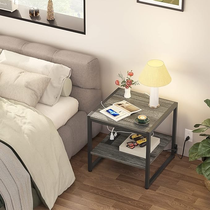 Homieasy End Table with Charging Station, 20 Inch Mini Fridge Stand with 2-Tier Open Shelf, Square Bedside Nightstand & Sofa Side Table for Living Room, Dorm, Office,Black Oak