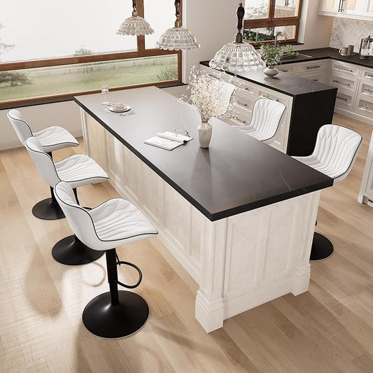 YOUNIKE White Bar Stools Set of 6 Modern Swivel Counter Height Bar Chair with Back Adjustable Kitchen Island Faux Leather Padded Barstools taburetes de bar Breakfast sillas para barra de cocina 6PCS
