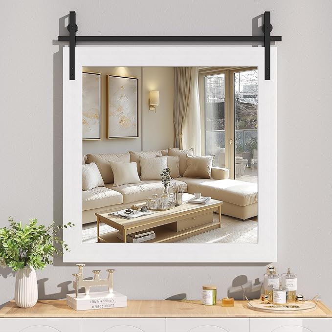 Hasipu Farmhouse Bathroom Mirror, 31"x31" Rustic Wood Framed Wall Mounted Mirror, White Vintage Vanity Mirror Barn Door Style Decrative Mirrors