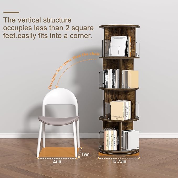 VECELO 4 Tier Revolving Bookshelf Tower, 360° Display Floor Standing Storage Rack with Acrylic Visible Window Partition for Bedroom, Living Room Home and Office, Brown