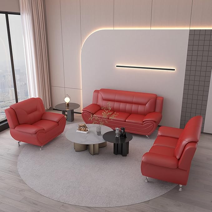 Container Furniture Direct Michael Modern Faux Leather Upholstered Stainless Steel Legs Living Room Sofa, Red