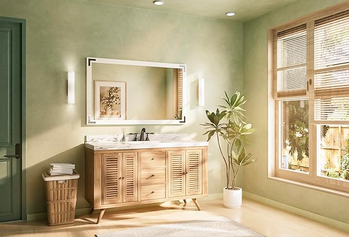 TETOTE 48 x 30 White Wood Mirror for Bathroom Wall/Bedroom/Living Room/Entryway Farmhouse Rustic Bathroom Vanity Mirror for Over Sink Waterproof (Horizontal/Vertical Mounted)