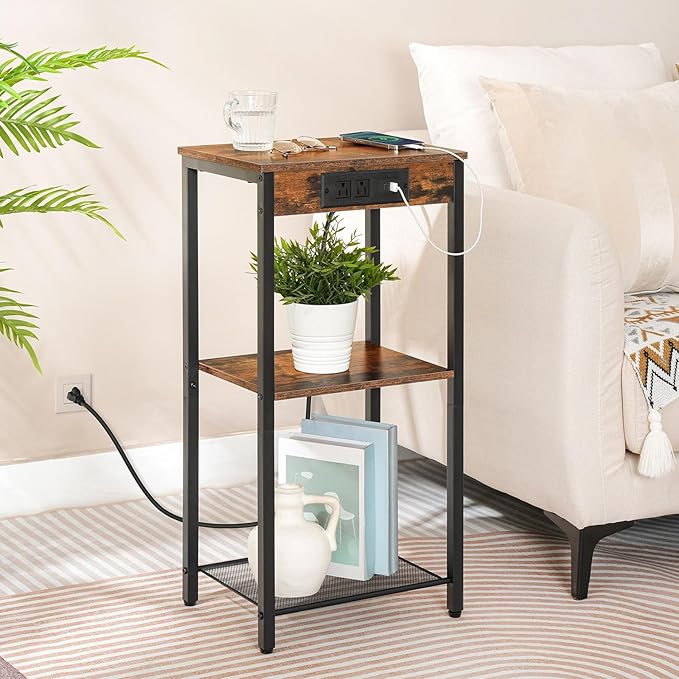 HOOBRO Tall End Tables with Charging Station, Set of 2, 30 Inch Tall Nightstands, 3-Tier Side Tables with Storage Shelves, for Living Room, Bedroom, Hallway, Rustic Brown BF09UDHP201G1