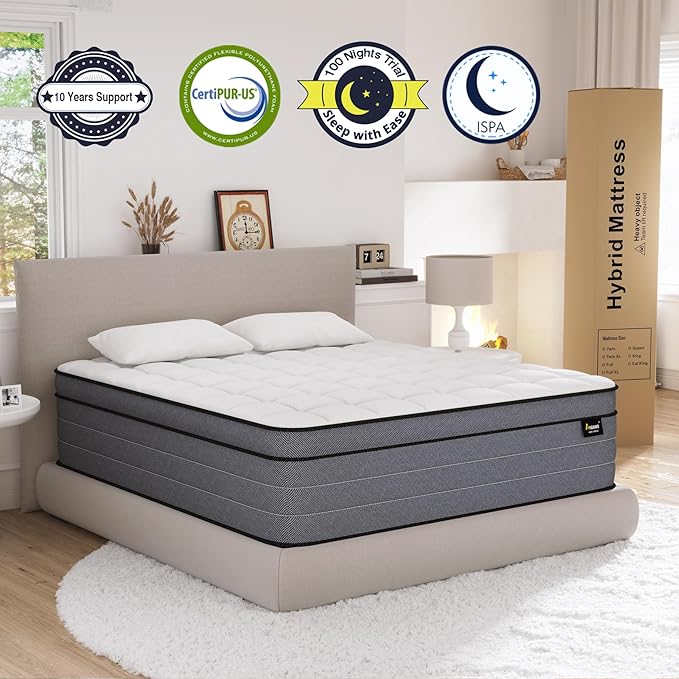 Queen Mattress 12 Inch, Hybrid Mattress Queen Size in a Box, Pressure Relief Gel Memory Foam and Motion Isolation Pocket Spring, Comfort Bed for All Bed Frames, CertiPUR-US, Firm Feel