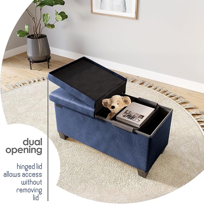 STORAGEBUD Storage Ottoman Bench with Bins, 30-in Storage Bench for Bedroom End of Bed, Folding Foot Rest Ottoman for Living Room Max 660lbs, Faux Leather Ottomans, Blue