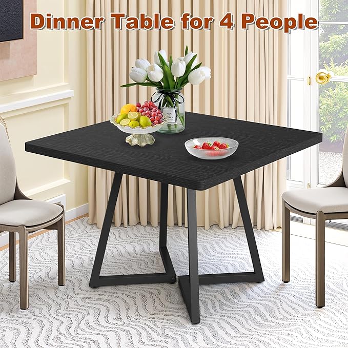Square Dining Table for 4, 31.5-Inch Farmhouse Dinner Table Wooden Kitchen Tables with Metal Base for Dining Room, Kitchen, Living Room, Black