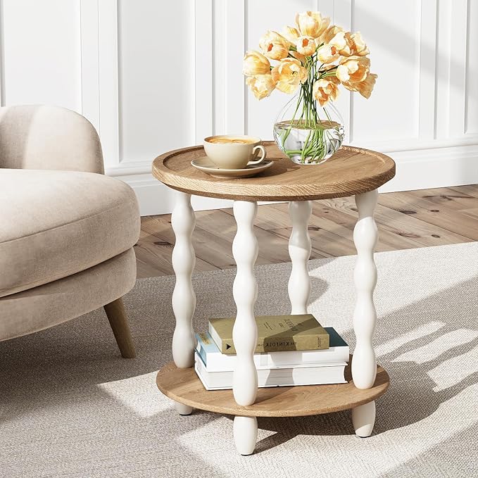Round End Table, 2-Tier Farmhouse End Table, 18.5'' Handcrafted Weathered Look Wooden Nightstand Accent Table, Pine Leg, Small Side Tables for Living Room, Small Space, Bedroom, Boho, Easy Assembly