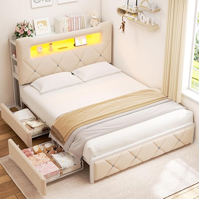 Queen Upholstered LED Bed Frame with 2 Storage Drawers and 2-Tier Storage Headboard,Velvet Princess Platform Bed with Charging Station & Bookcase, Corner Bed Frame, Heavy Duty Metal Support, Beige
