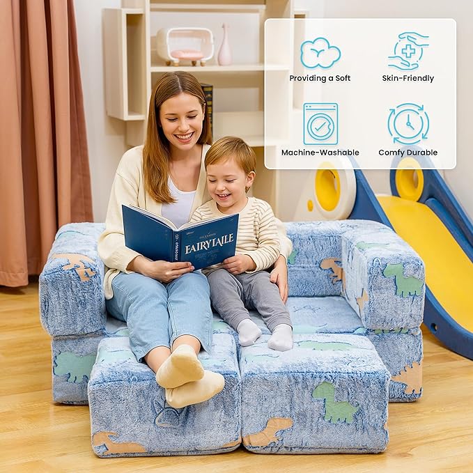 Lamerge Toddler Couch Glow in The Dark Toddler Fold Out Couch for playroom, Convertible Baby Fold Out Play Foam and Floor Cushion for Bedroom (Blue+Dinosaur)