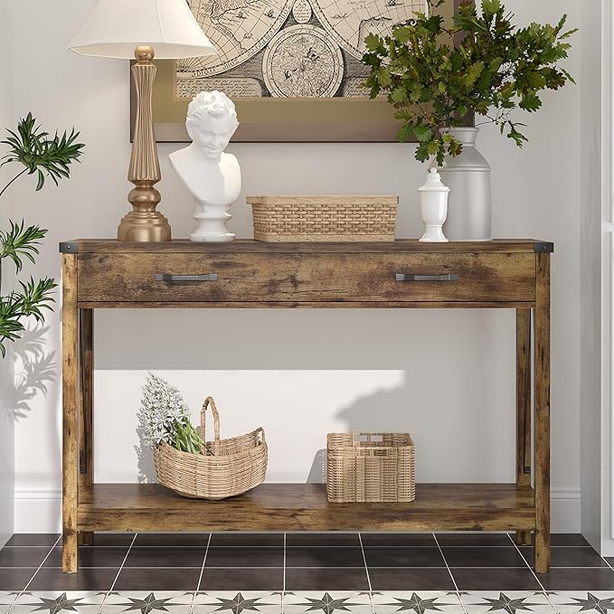 ChooChoo 47'' Farmhouse Console Table with Drawer, Entryway Table with Storage Shelf, Rustic A-Design Sofa Table for Hallway, Entrance, Living Room, Rustic Brown