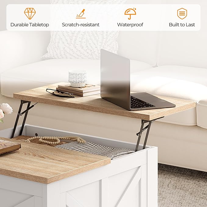 Yaheetech Farmhouse Lift Top Coffee Table with Storage, Square Coffee Table for Living Room, 31.5 Inches Center Tables with Large Hidden Storage Compartment for Home Office, White & Light Oak