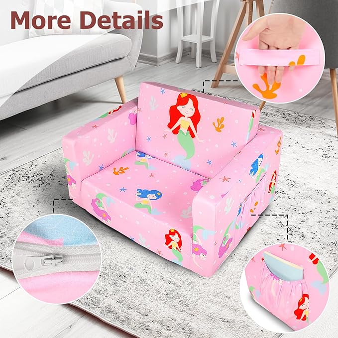 Kids Couch, 2-in-1 Kids Fold Out Sofa, Convertible Toddler Couch to Lounger for Girls and Boys, Soft Toddler Chairs Comfy 1-3 Years Old(Mermaid)