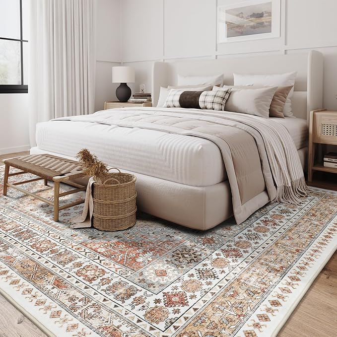 zesthome 5x7 Area Rugs - Ultra-Thin Washble Rug, Stain Resistant Anti Slip Backing Rugs for Living Room,Bedroom, Vintage Home Decor Area Rug (Orange,5'x7')