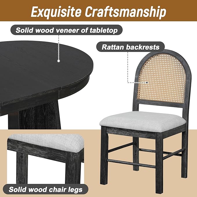 Ball & Cast Retro 5 Pieces Dining Table Set with 4 Upholstered Chairs,Kitchen Table and Chairs for 4 W/ 58" Round Extendable Kitchen Desk,for Small Space,Apartment,Dining Room,Espresso