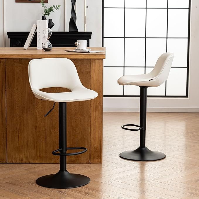 YOUNIKE Bar Stools Set of 2, Adjustable Counter Height Barstools Faux Leather Upholstered Counter Stools with Hollow Back for Kitchen Island, Warm White