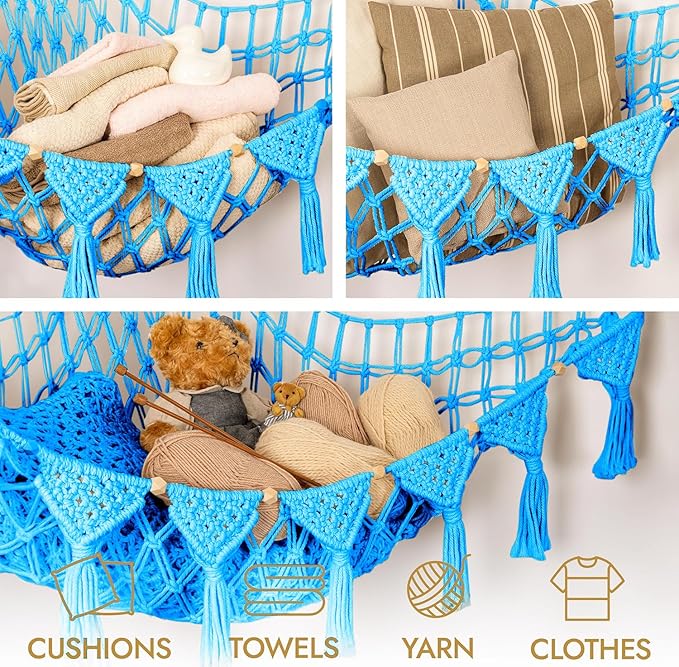Macrame DreamLights Boho Stuffed Animal Storage Net Hammock Extra Large Plush Toy Storage Holder For Small Or Large Plushies BLUE