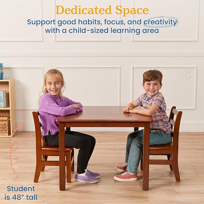 ECR4Kids 30in x 30in Square Hardwood Table and Chair Set, 12in Seat Height, Kids Furniture, Dark Walnut