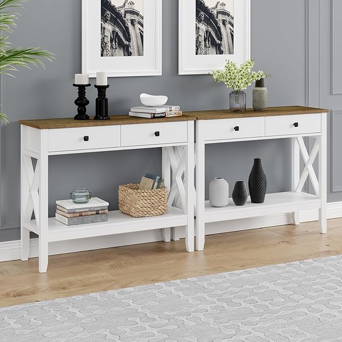Console Table,Sofa Table 13.8" D x 39.37" W x 31.5" HEntryway Table with 2 Drawers Storage Shelve Foyer Table for Entryway Farmhouse Hallway Tables (White)