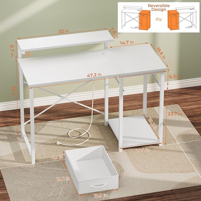 Computer Desk with Adjustable Monitor Stand, 47.2 in Small Desk with Reversible Storage Shelves, Office Desk with Spacious Desktop Spaces for Home Bedroom Workstation, White