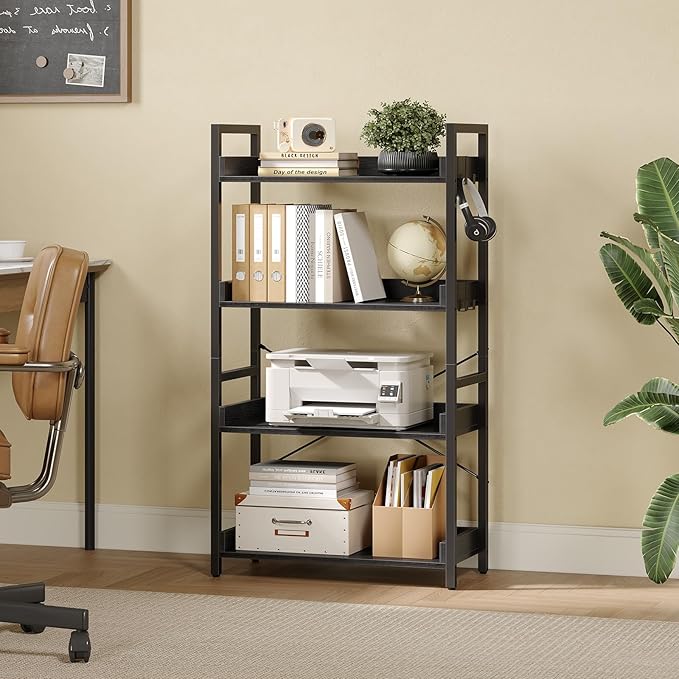 Rolanstar Bookshelf 4 Tier with 4 Hooks, Industrial Bookcase, Vintage Storage Rack with Open Shelves, Rustic Standing Bookshelves Metal Frame Display Rack for Living Room, Bedroom, Black