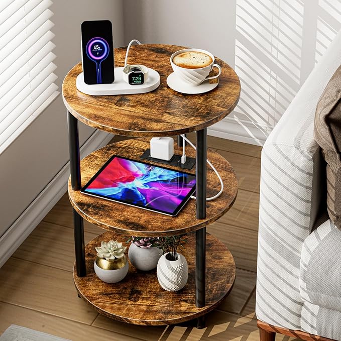 Small Round End Table - 3 Tier Design Accent Table, Narrow Side or Bedside Stand, Industrial Vintage Table for Small Spaces, Built-in USB Ports and Power Outlet, Rustic Brown