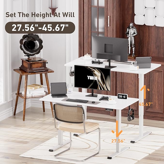 Ywin Electric Height Adjustable Standing Desk with Wheels, 63 x 24 inches Ergonomic Stand Up Desk for Home Office