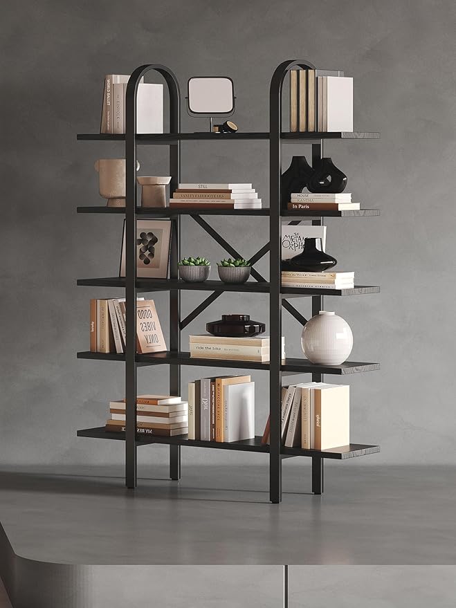 Wide Bookshelf Arched Bookcase, Industrial 5 Tier Open Book Shelves with Metal Frame, 72" Tall Freestanding Heavy Duty Display Rack for Home Office, Living Room,Black,Easy Assembly
