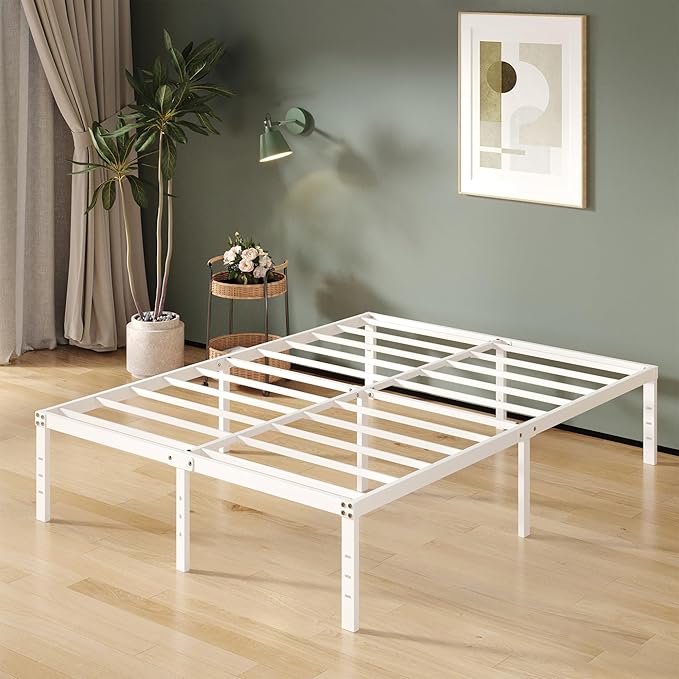16 Inch White California King Bed Frames No Box Spring Need, Platform Cal King Bed Frame with High Storage, Eassy Assembly 3,500 lbs Heavy Duty Bedframes