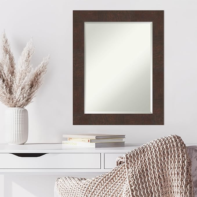 Amanti Art Brown Wall Mirror 29x23 Wildwood Brown Rectangle Bathroom Mirror for Wall Decor Living Room, Medium Rustic Farmhouse Frame, Hangs Horizonally and Vertically, Bathroom Decor, Beveled Edge