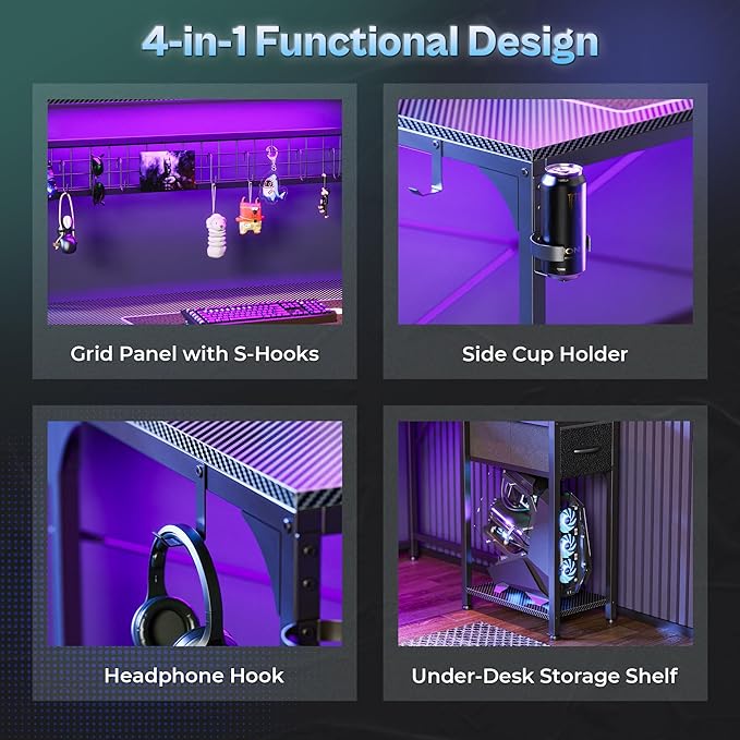 PRAISUN L Shaped Gaming Desk with Shelves, Corner Computer Table with LED Lights, Power Outlets and USB-C Ports, 42 Inch Home Office Desk with Storage Drawer, for Work and Study, Carbon Fiber Black
