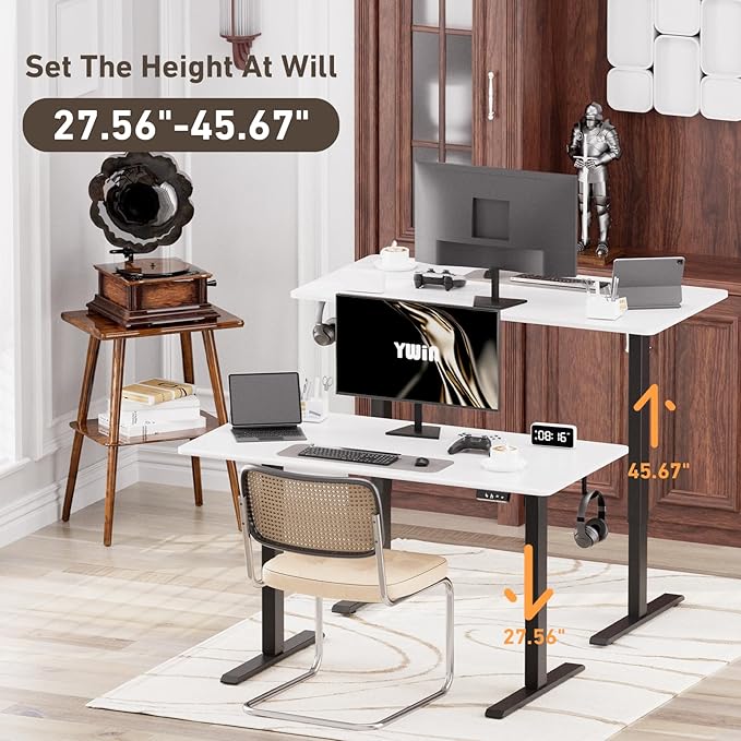 Ywin Electric Height Adjustable Standing Desk with Wheels, 63 x 24 inches Ergonomic Stand Up Desk for Home Office