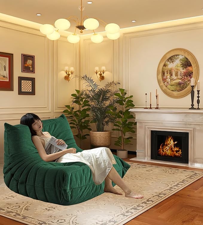 Bean Bag Chair - Memory Foam Bean Bag Chair for Adults, Comfy High-Resilience Single Sofa, Small Space Floor Chair, Chaise Lounge for Living Room, Bedroom(Dark Green, Wrinkles+Ottoman)