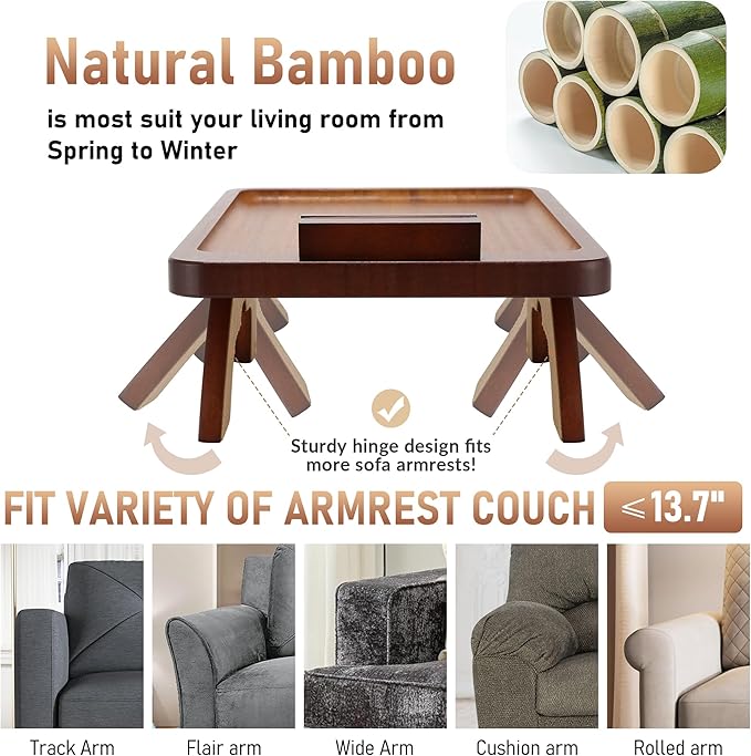 SINWANT Couch Arm Tray, Bamboo Couch Arm Table with 360° Rotating Phone Holder,Sofa Armrest Tray for Eating,Drinks,Snacks, Remote Control