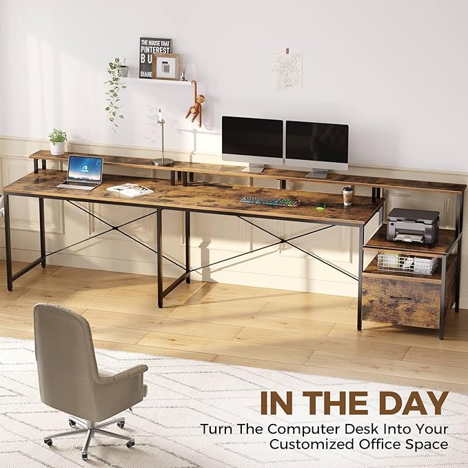 Rolanstar L Shaped Gaming Desk with Drawers, 64" Reversible Computer Desk with Power Outlet & LED Strip, Corner Desk with File Cabinet & Monitor Stand, Home Office Desk, Rustic Brown