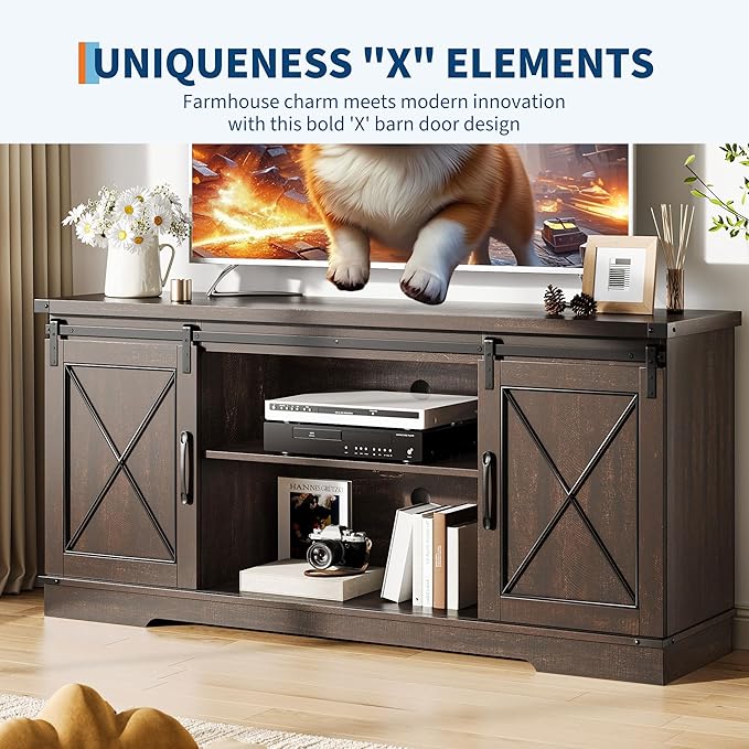 GarveeHome Farmhouse TV Stand for TV up to 65 Inches and Entertainment Center with Sliding Barn Doors and Adjustable Shelf, Tv Media Console Table with Storage Cabinet for Living Room, Bedroom, Brown