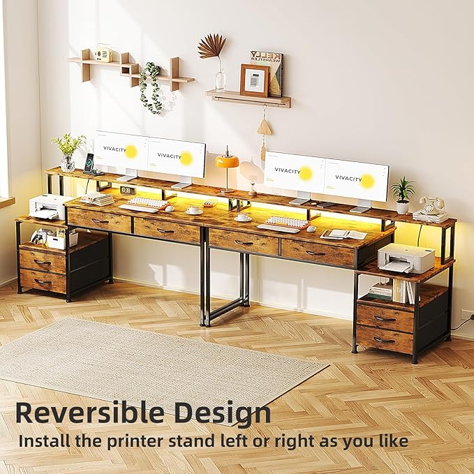 53" Computer Desk with 4 Drawers & Power Outlets, Reversible Home Office Desk with Monitor Stand & Printer Stand, Gaming Desks with Led Lights, Study Writing Work Desks Table for Bedroom, Vintage