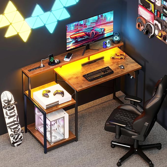 AODK Computer Desk, 48 Inch Gaming Desk with Led Lights & Power Outlet, Office Desk with Storage Shelves, Reversible Desk with Monitor Shelf & Headphone Hook, Rustic Brown