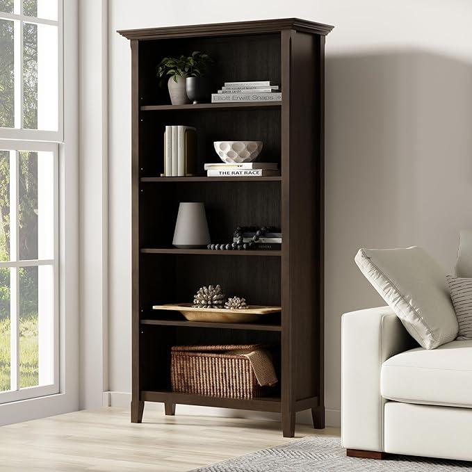 SIMPLIHOME Amherst Bookcase - 70 inch Tall 5-Shelf Solid Wood Bookshelf in Hickory Brown, Transitional Storage for Living Room, Study Room or Office with Adjustable Shelves and Tapered Legs