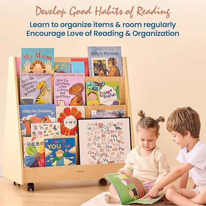 Kids Bookshelf for Toddlers and Babies, Double-Sided Wooden Montessori Bookshelf for Kids Room, Baby Book Shelf with Storage for Nursery, Classroom, Playroom