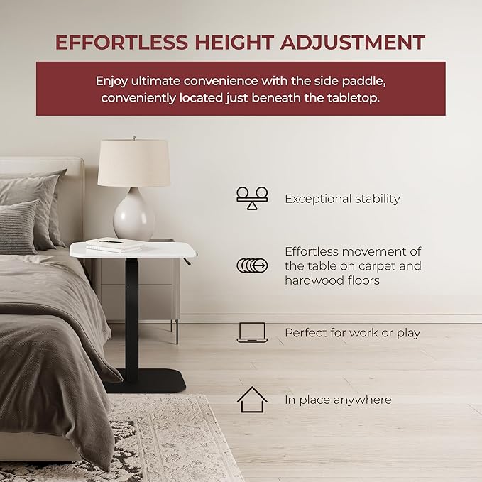Ergohome™ ELEVANCE Table™ Height Adjustable Side Table for Couch or Bed, Laptop Table - End Table Office Coffee Accent Table - Precision Engineering for Superior Stability (Black Base & Cloud Top)